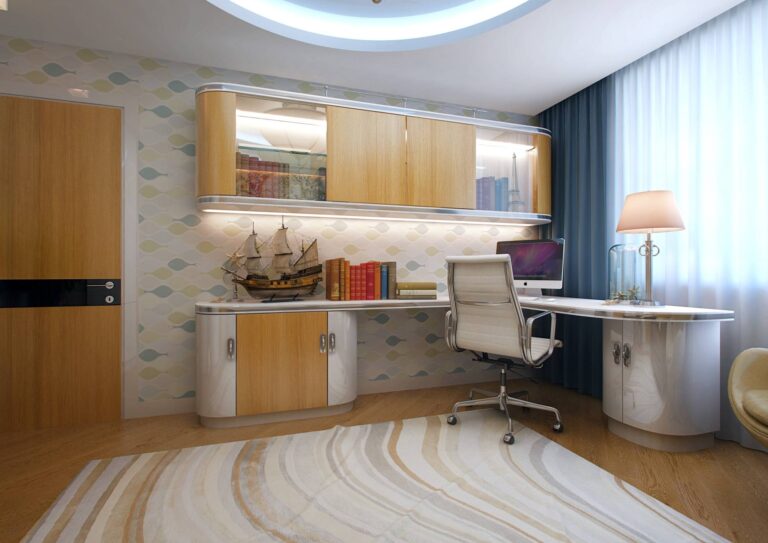 Синие шторы в светлом дизайне детской комнаты