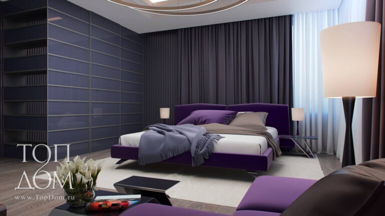 Дизайн спальни с темными стенами и белыми шторами