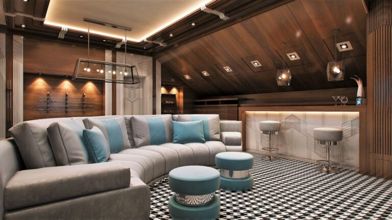 Бильярдная комната со встроенным светом и люстрами