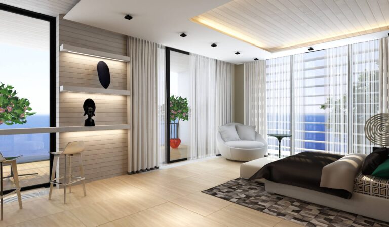 Стильный дизайн интерьера спальни с большими окнами