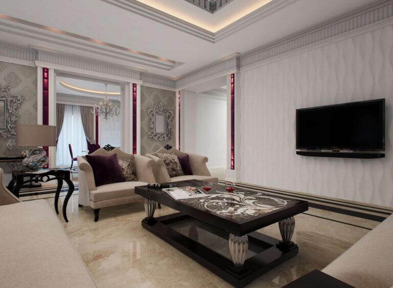 Белая волнистая стена в интерьере гостиной комнаты