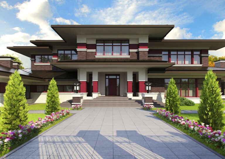 Сочетание светло-красного и белого кирпича в фасаде дома