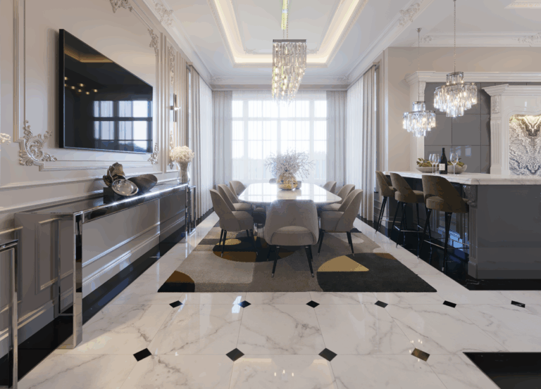 Дизайн бело-серой столовой и кухонной стойки