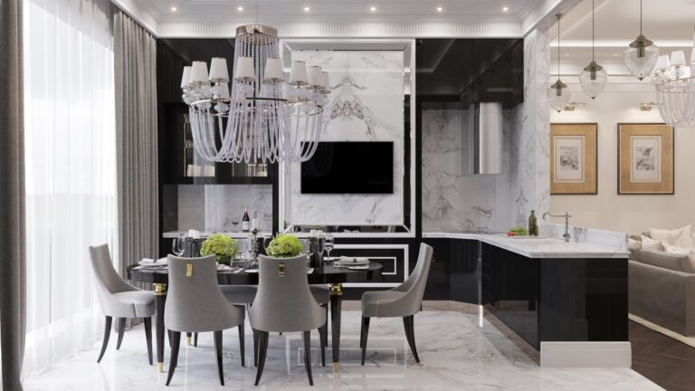 Серые стулья в интерьере черно-белой кухни