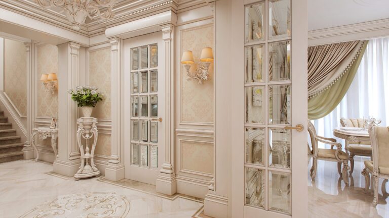 Резная подставка под вазон в дизайне классического холла