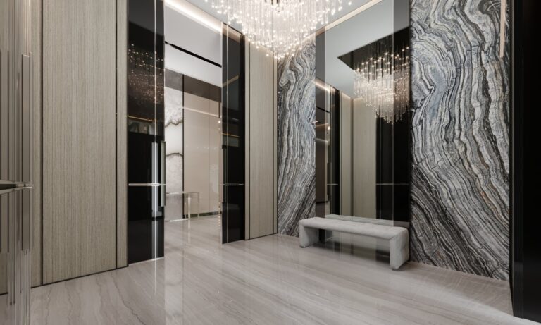 Дизайн стены в прихожей с бежево-серыми узорами