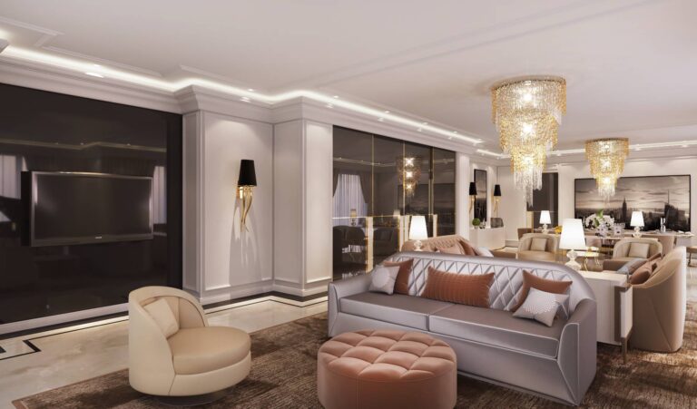 Оформление неповторимой гостиной каскадными хрустальными люстрами