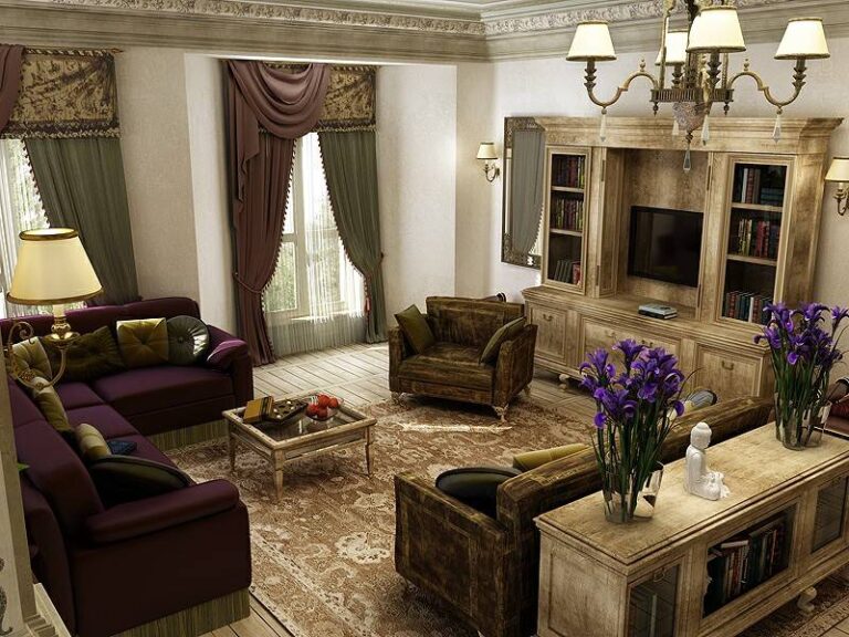 Дизайн гостиной под старину с коричневой мягкой мебелью