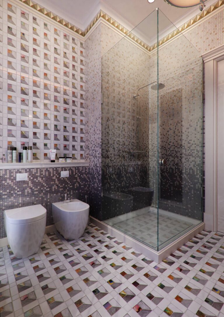 Дизайн ванной с прозрачной душевой кабиной