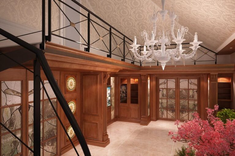 Дизайн первый этажа с белой классической люстрой