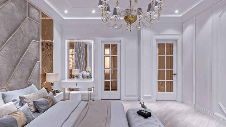 Интерьер спальни с золотистыми зеркалами