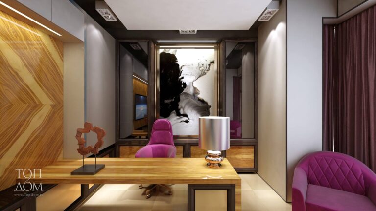 Малиновый акцент в интерьере кабинета в доме