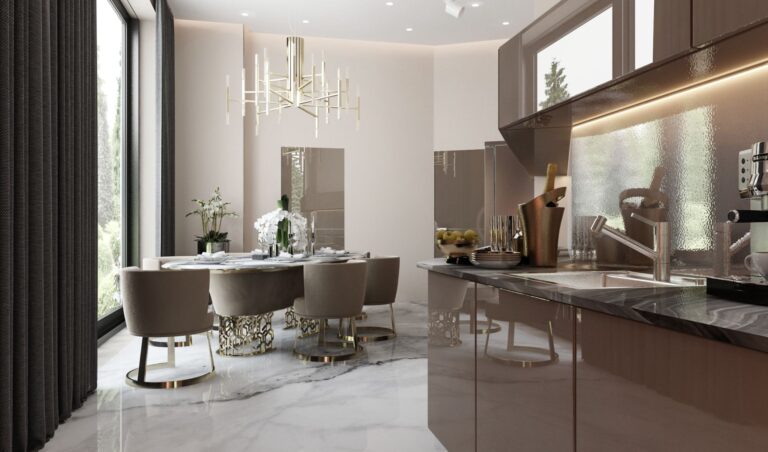 Мягкие полукресла цвета кофе с молоком в интерьере обеденной зоны