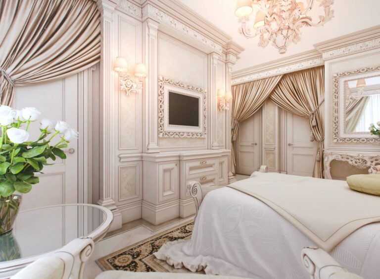 Дизайн спальни со шторами на дверях