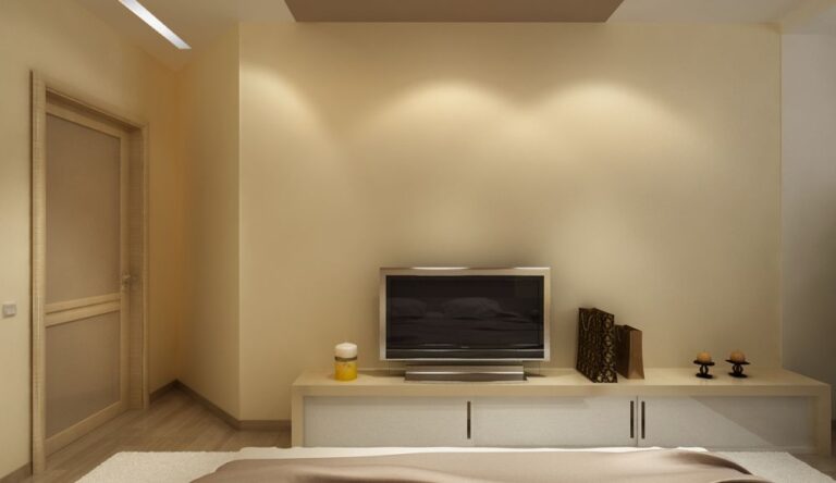 Оформление спальни с кремовой тумбой для техники