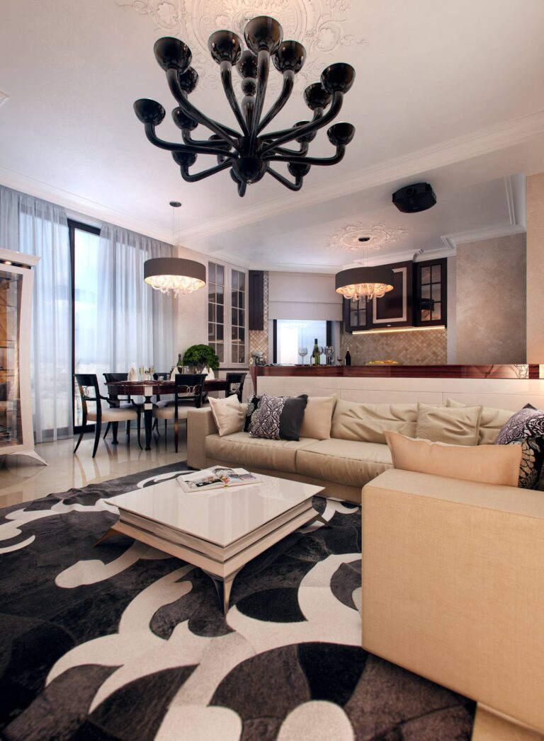 Дизайн гостиной с белым глянцевым столиком