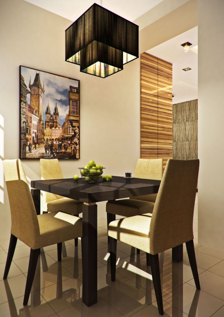 Квадратный черный стол с золотистыми стульями в интерьере кухни