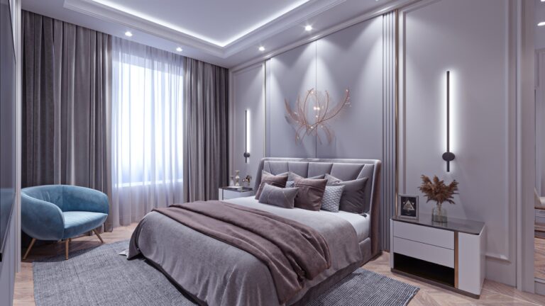 Интерьер спальни в серо-голубых тонах