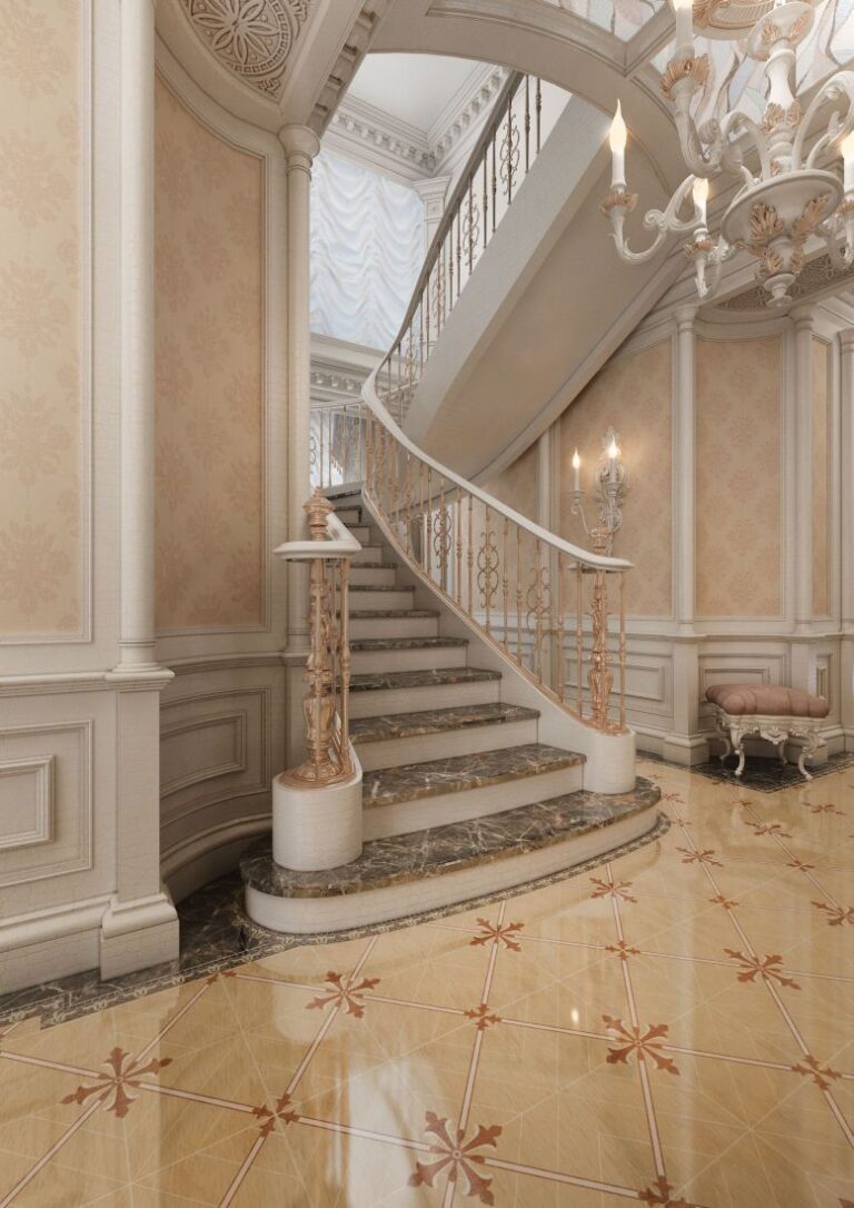 Оформление холла с бежево-коричневым полом из камня