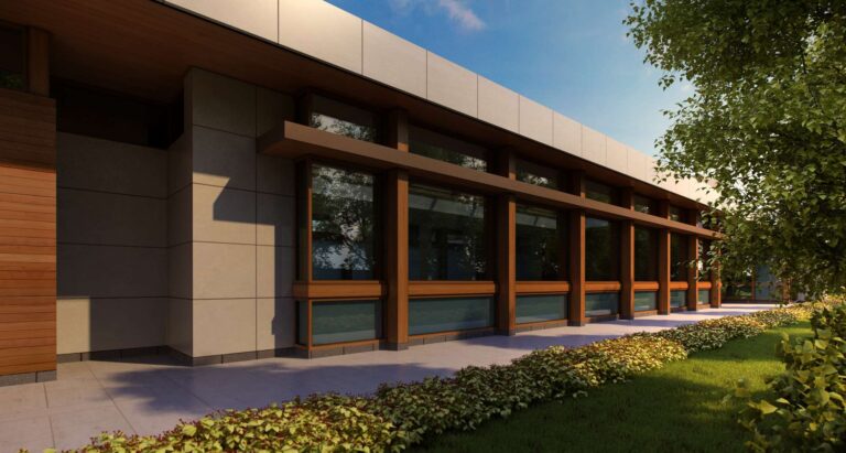 Галерея из стекла с элементами из натуральной древесины