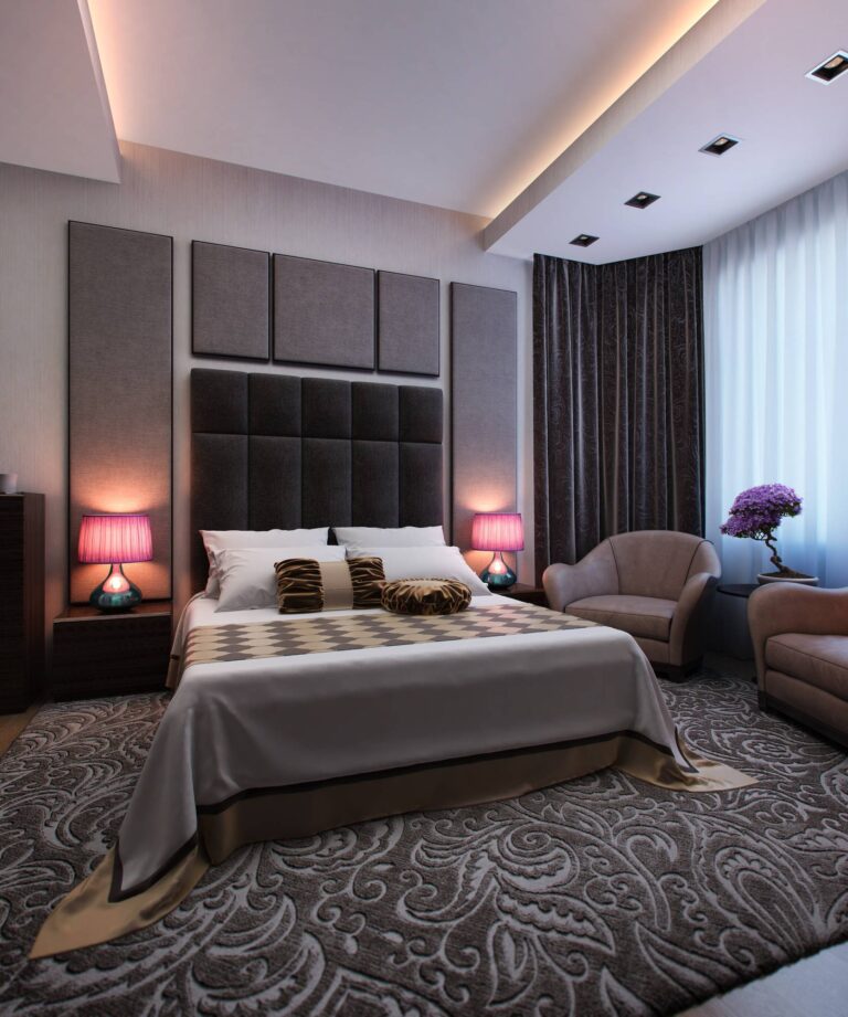 Дизайн спальни с серыми объемными панелями на стенах