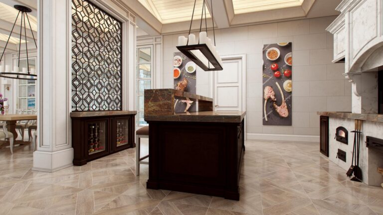 Темно-коричневый стол-остров в дизайне светлой кухни