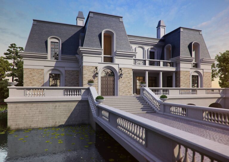 Светлый кирпич в фасаде дома с балконом, портиком и панорамными окнами