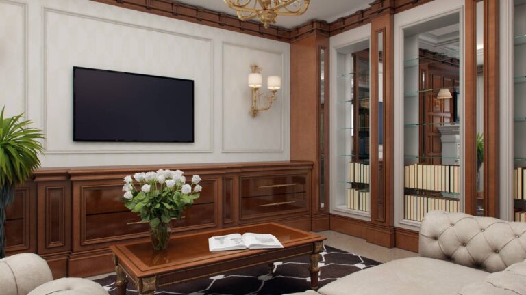 Оформление классической зоны отдыха в кабинете натуральной древесиной орехового оттенка