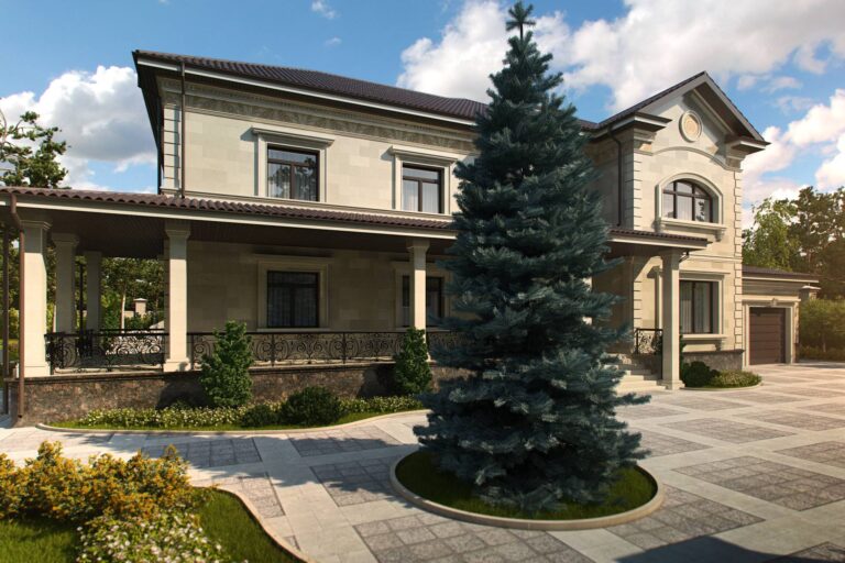 Ландшафтное оформление территории перед особняком из серого камня