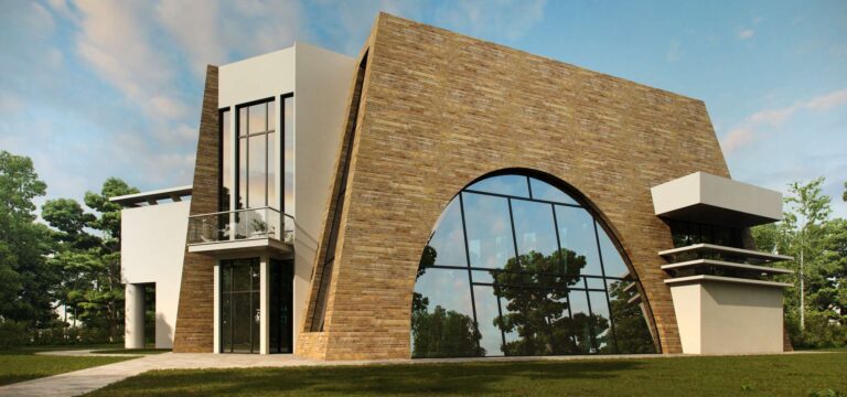 Полукруглое большое окно на фасад доме