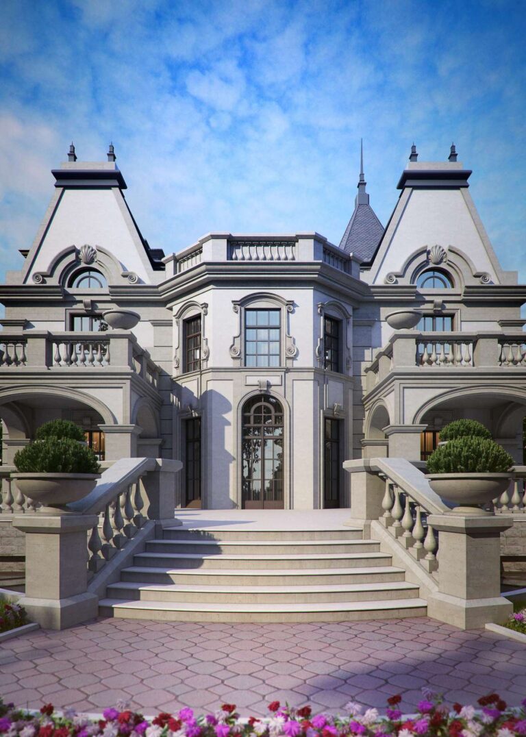 Французские окна, портики с балконами и терраса во внутреннем фасада дома