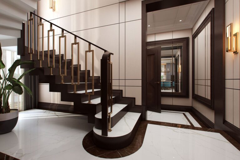 Оформление лестницы в интерьере холла
