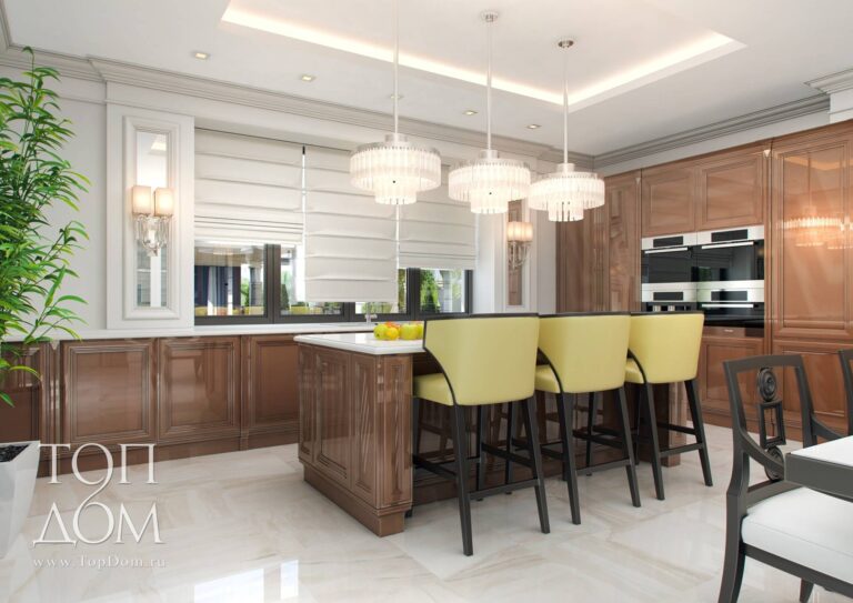 Окна перед столешницей в интерьере кухни бело-коричневого цвета
