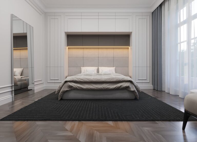 Темный ковер в дизайне светлой спальни