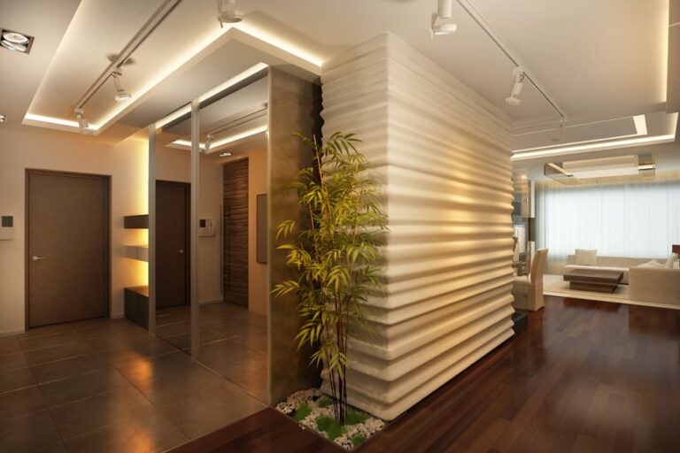 Шарнирные светильники на оси в дизайне бежевой прихожей