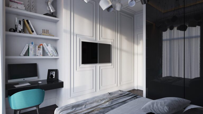 Дизайн спальни с резной панелью для ТВ и встроенным шкафом