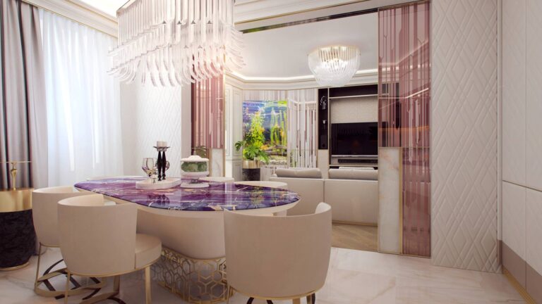 Овальный фиолетовый стол в дизайне столовой