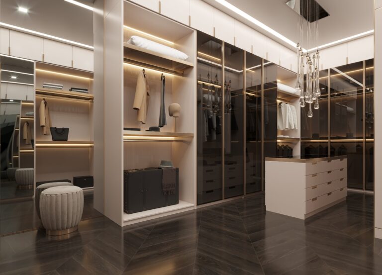 Гардеробная с различными вариантами полок и шкафов