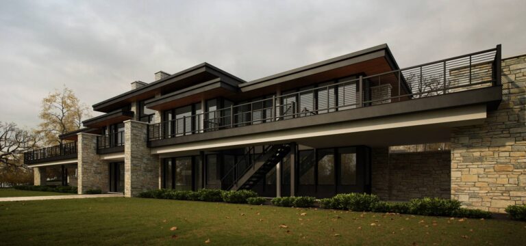 Фасад дома в стиле прерий с балконом и лестницей на террасу