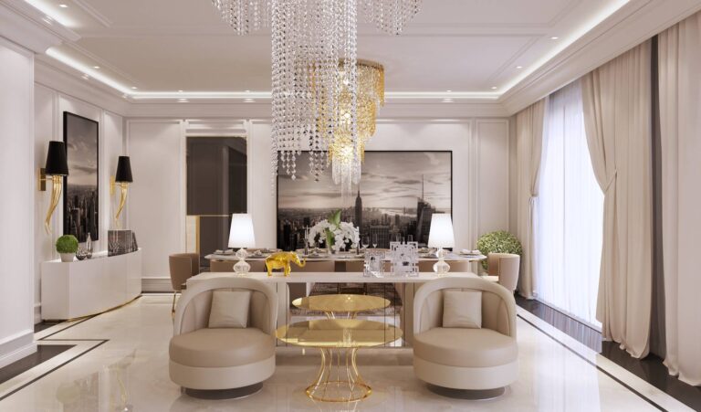 Современная столовая в сочетании хрусталя, бежевого текстиля, белого глянца и позолоты