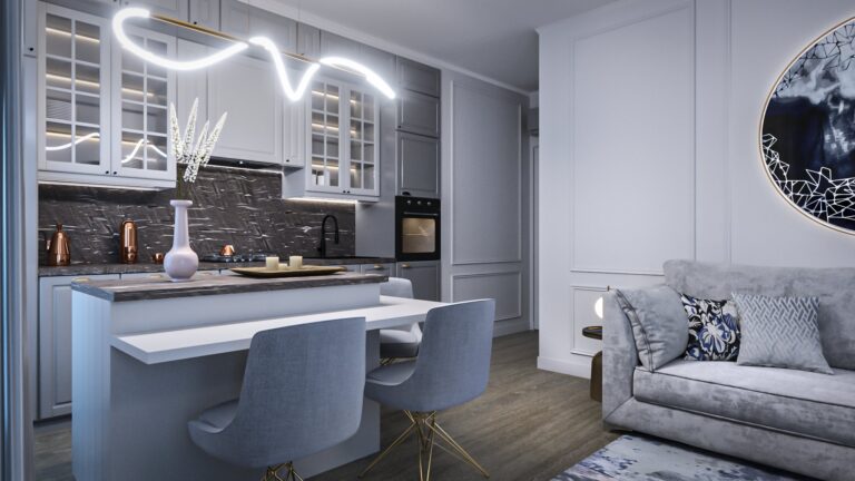 Интерьер кухни  абстрактной люстрой