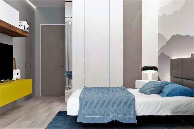 Серо-белая спальня с ярко-желтой тумбой