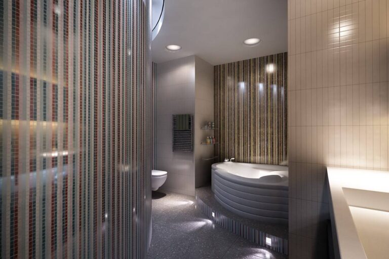 Светлый интерьер санузла с белыми и мозаичными стенами