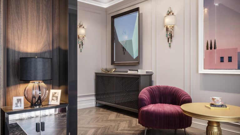 Дизайн бежевого коридора в круглым бордовым креслом