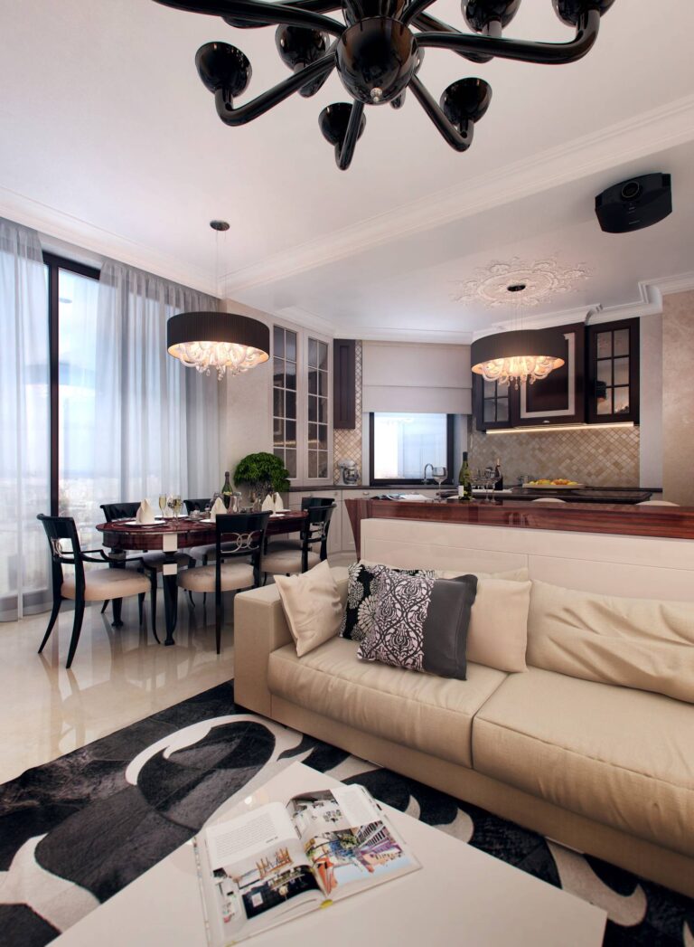 Дизайн совмещенных комнат с роскошными черными люстрами