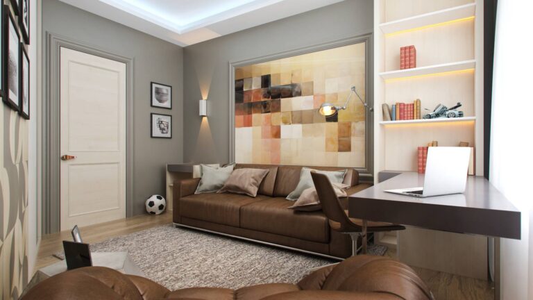 Оформление компактной детской комнаты мальчика с диваном