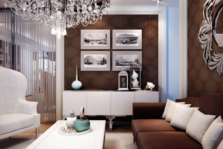 Коричневые узорные стены в светлом дизайне кабинета