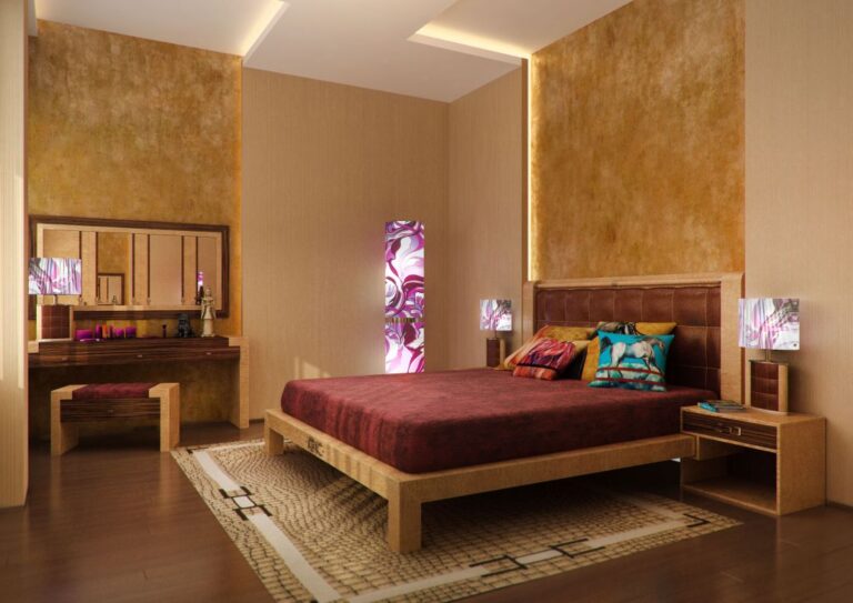 Мягкие желтые панели на стенах в оформлении оригинальной спальни