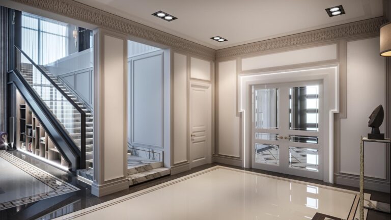 Застекленные межкомнатные двери в дизайне бежевого холла