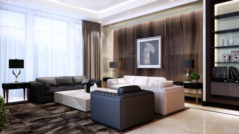 Интерьер большой гостиной с темной и белой мебелью